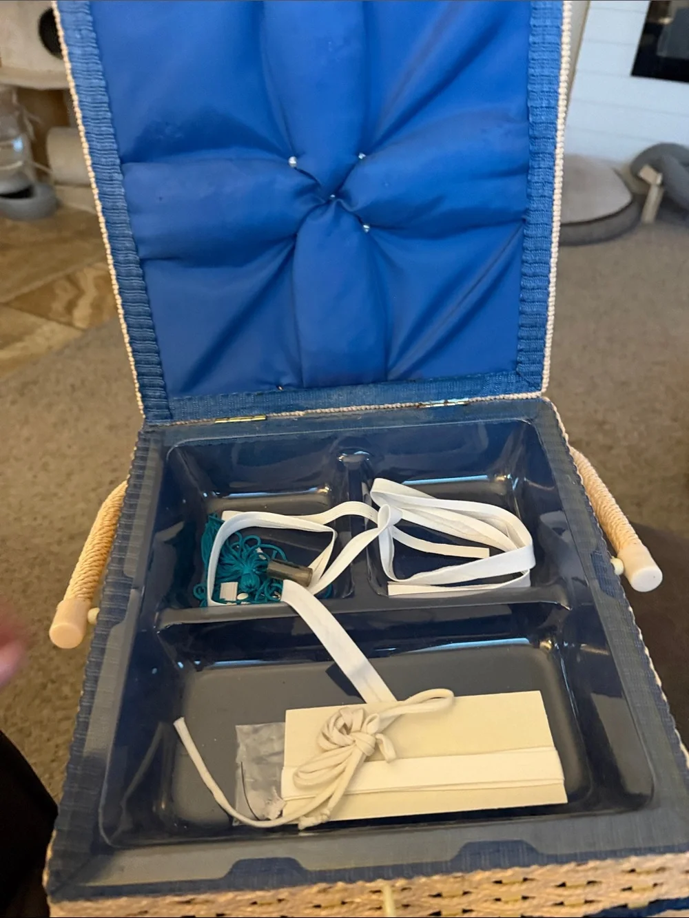 Decorative Country Cottage Sewing Basket - Blue and Cream